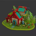 Cute Small House With Red And Blue Roofs Surrounded By Green Trees Lawn And Path