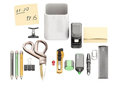 Assorted Pens and Office Stationery with Pen Holder Scissors Stapler Sticky Notes and Ruler 3d model