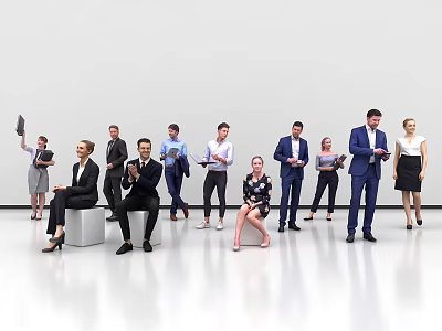 Group of Diverse Professionals Sitting Standing with Documents Tablets Notebooks on White Background Sleek Floor 3d model
