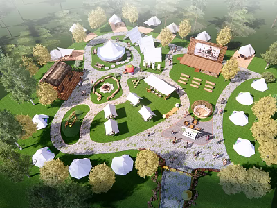Garden Landscape Design With Green Lawn Circular Pavilions Winding Paths And Trees 3d model