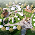Garden Landscape Design With Green Lawn Circular Pavilions Winding Paths And Trees