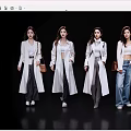 Women wearing white coats with different bottoms against black background in fashion shoot