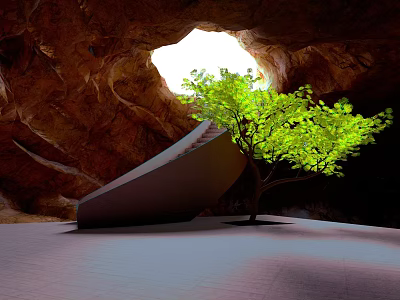 Cartoon Scene Of Cave With Bright Light Entrance Green Tree And Stone Staircase 3d model