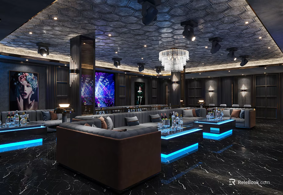 Elegant KTV Interior Design With Sofas Blue Lighting Chandelier And Large Screen 3d model