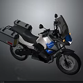 Stylish White And Blue Adventure Motorcycle With Black Windshield And Gray Side Cases