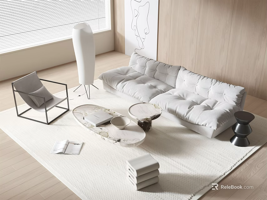 Modern Living Room Interior With White Upholstered Sofa And Marble Coffee Table Set 3d model 