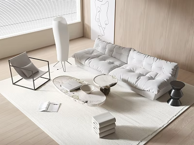 Modern Living Room Interior With White Upholstered Sofa And Marble Coffee Table Set 3d model