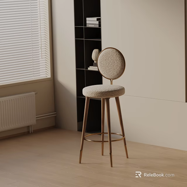 Modern Beige Bouclé Fabric Bar Stool With Round Backrest And Brass Legs In Interior 3d model 