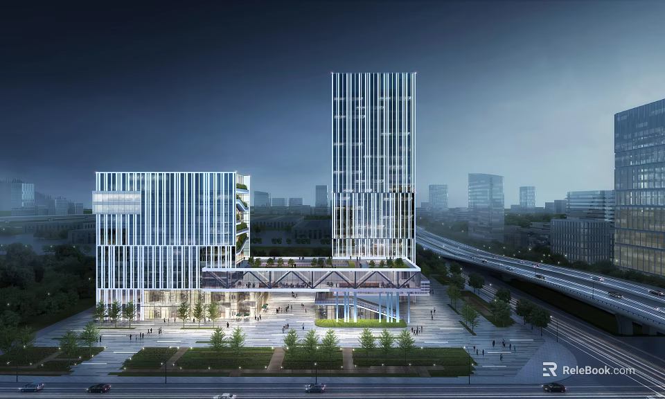 Modern High Rise Office Building Exterior With Glass Facade Urban Street Pedestrians And Vehicles 3d model 