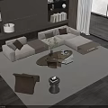 Modern Beige Sofa And Coffee Table Set With Wooden Floor Large Windows And Area Rug