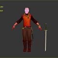 3D Blonde Male Character in Red Vest Black Shirt Brown Pants with Sword Standing