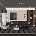Elegant Modern Living Room Interior With Black Leather Sofa White Armchairs And Herringbone Rug