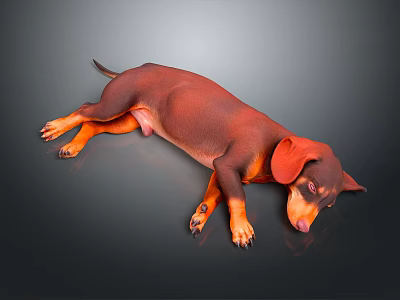 Realistic Brown And Orange Dachshund Lying Relaxed On Black Background 3d model
