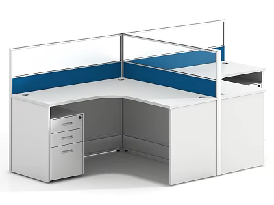 Modern L Shaped Office Desk With White Surface Blue Partition And Drawers 3d model