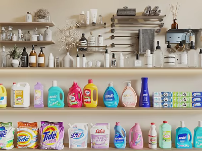 Organized Washing And Daily Necessities Display With Laundry Detergent Bottles And Cleaning Supplies 3d model