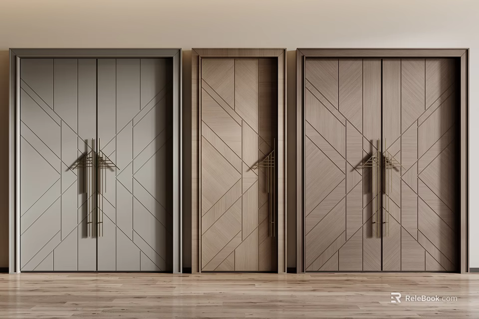 Modern Double Doors With Geometric Patterns And Metal Handles In Gray And Wooden Tones 3d model 