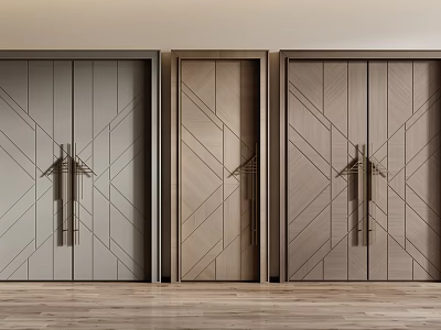 Modern Double Doors With Geometric Patterns And Metal Handles In Gray And Wooden Tones 3d model