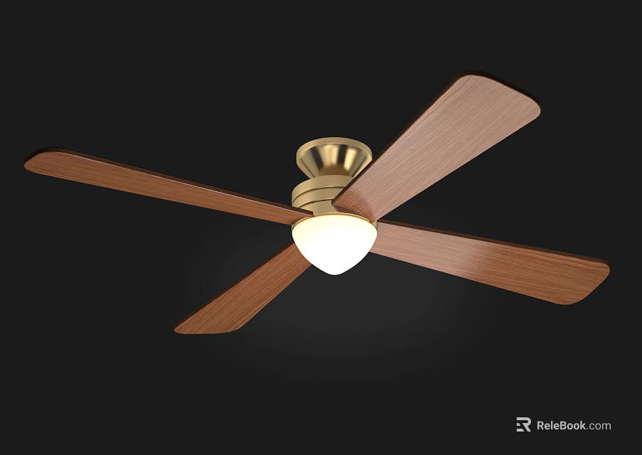Modern Ceiling Fan With Wooden Blades Golden Base And Built In Light For Indoor Use 3d model 