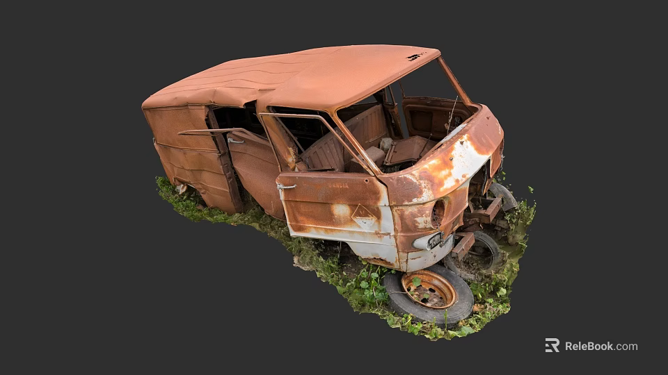 Rusty Old Abandoned Car in Deteriorated Condition with Overgrown Grass Around It 3d model 