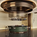 Sales Office Interior With Green Circular Bar Counter COFFEE Sign Metal Structure And Bar Stools