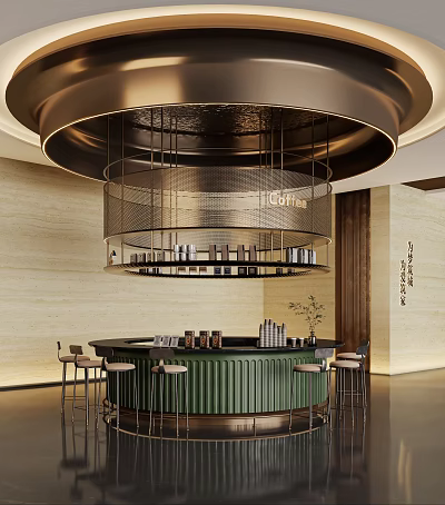 Sales Office Interior With Green Circular Bar Counter COFFEE Sign Metal Structure And Bar Stools 3d model