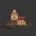 Whimsical Cartoon Scene With Colorful House Red Roof Yellow Walls Blue Water Island And Boat