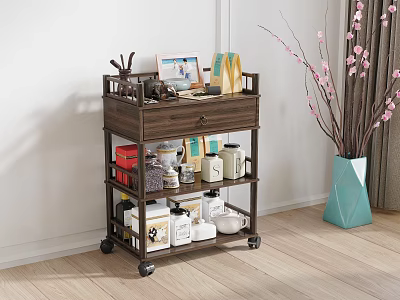 Modern Wooden Home Storage Shelf Cabinet With Multi-layer Shelves Drawer And Wheels For Organizing Items 3d model
