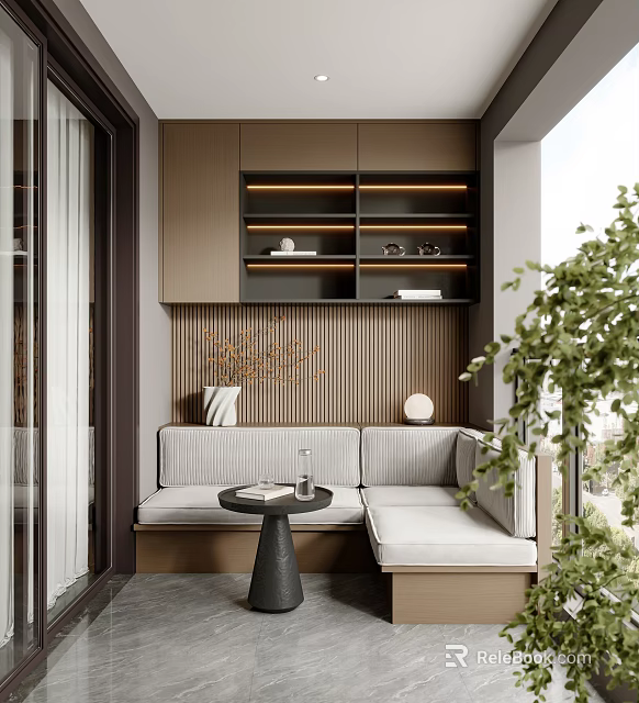 Cozy Home Balcony Interior With Comfortable Sofa Small Table Storage Cabinets And Green Plants 3d model 