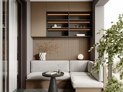 Cozy Home Balcony Interior With Comfortable Sofa Small Table Storage Cabinets And Green Plants 3d model