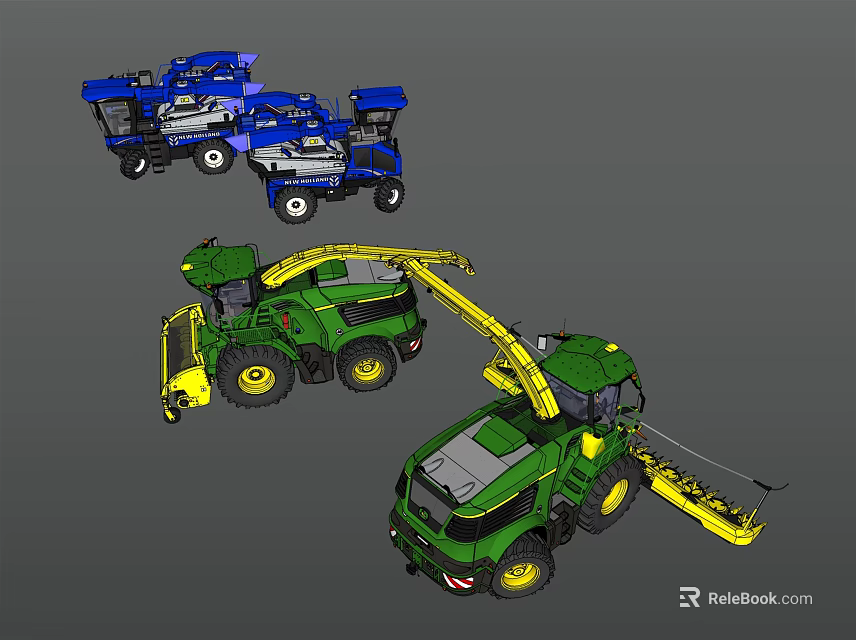 Green And Blue Agricultural Function Vehicles With Long Arm Harvesting Equipment 3d model 