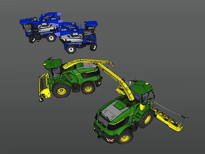 Green And Blue Agricultural Function Vehicles With Long Arm Harvesting Equipment 3d model