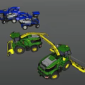 Green And Blue Agricultural Function Vehicles With Long Arm Harvesting Equipment