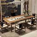 Traditional Chinese Wooden Tea Table and Chairs With Tea Sets and Potted Plant Decor