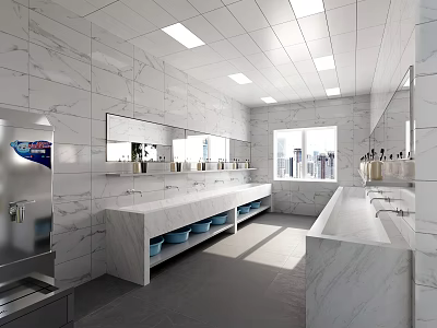 Modern Bathroom Interior Design With Marble Walls Vanity Mirrors And Windows 3d model