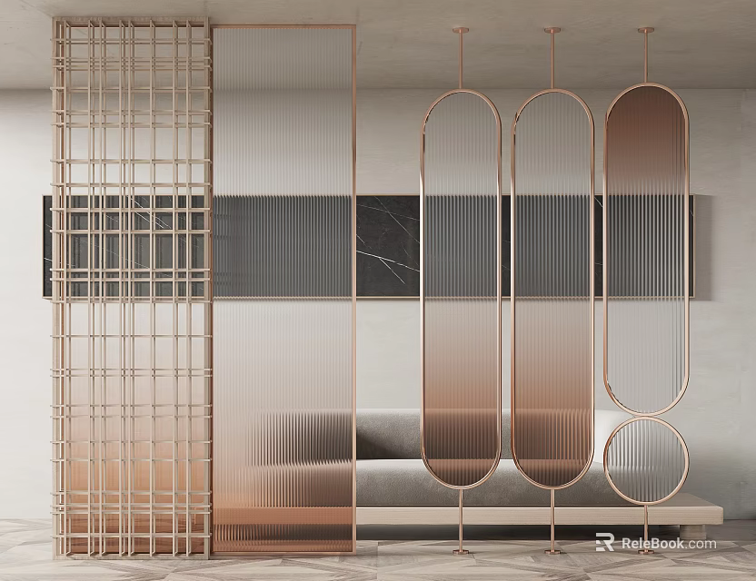Stylish Modern Interior Room Divider With Metal Frame And Geometric Glass Panels 3d model 