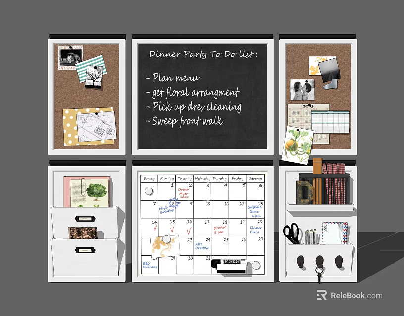 Decorative Ornament Set With Cork Boards Chalkboard Calendar Storage Boxes And Books For Workspace 3d model 