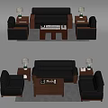 Black Leather Sofas and Wooden Coffee Table Set with Side Tables and Table Lamps 3d model