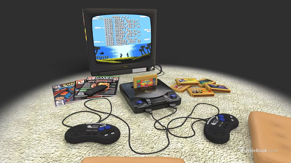 Retro Gaming Console With Controllers Game Cartridges And TV Screen 3d model