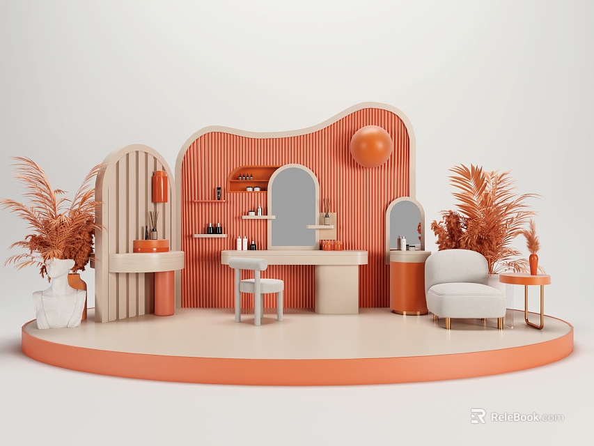 Modern Orange Window Display With Wavy Walls Potted Plants Vanity Table Armchair And Round Decor 3d model 