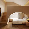 Cozy Hotel Guest Room With Four Poster Bed White Canopy Herringbone Floor And Wooden Roof