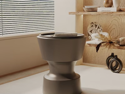 Modern Gray Side Table In Minimalist Interior With Wooden Shelf And Decorative Items 3d model