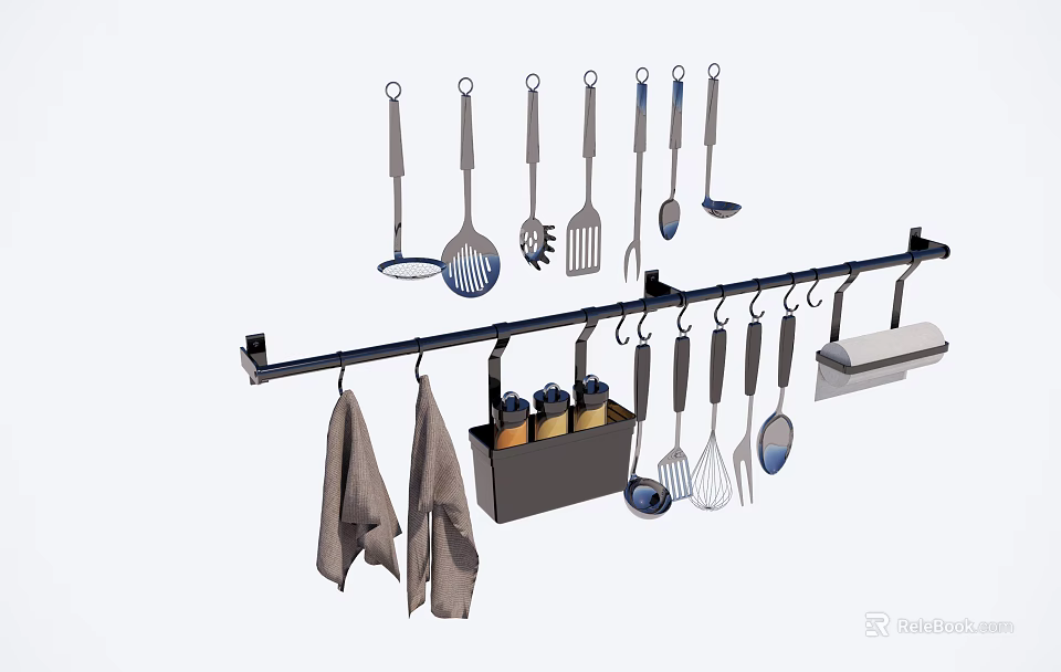 Practical Kitchen Utensil Rack With Hanging Spatulas Spoons Knives Towels And Condiment Holder 3d model 