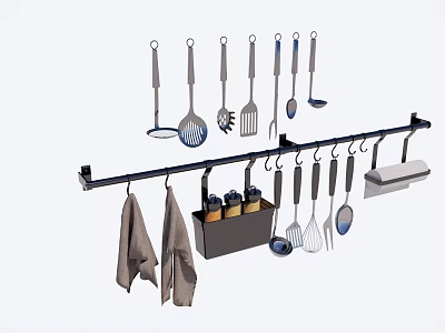 Practical Kitchen Utensil Rack With Hanging Spatulas Spoons Knives Towels And Condiment Holder 3d model