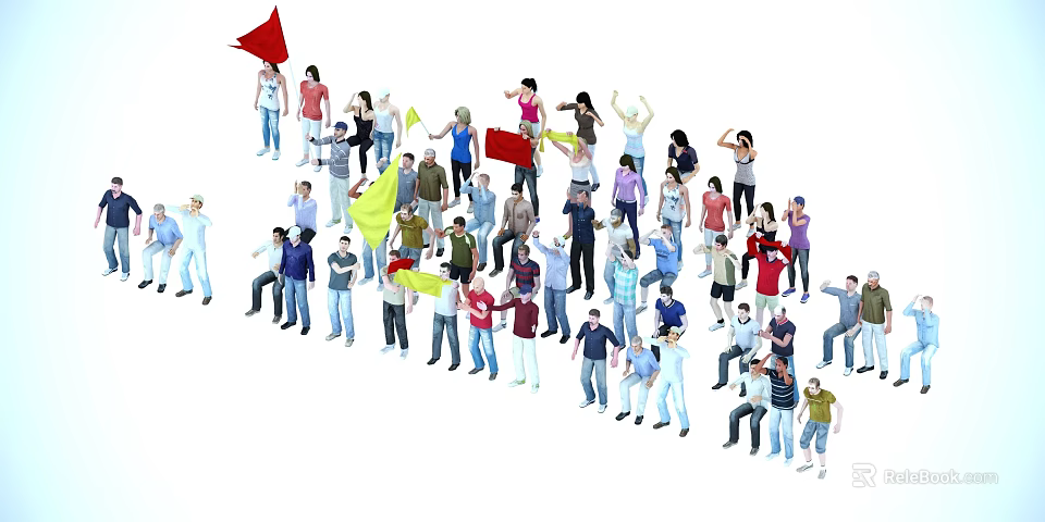 Crowd of People With Various Colored Flags Raising Hands At Public Gathering 3d model 