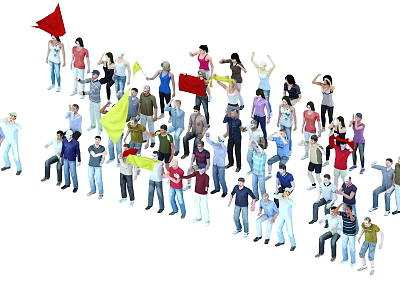 Crowd of People With Various Colored Flags Raising Hands At Public Gathering 3d model