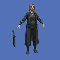 Stylish Woman In Black Long Coat With Green Lining Holding Umbrella On Blue Background