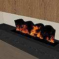 Modern Fireplace With Burning Flames On Black Countertop And Wooden Cabinets