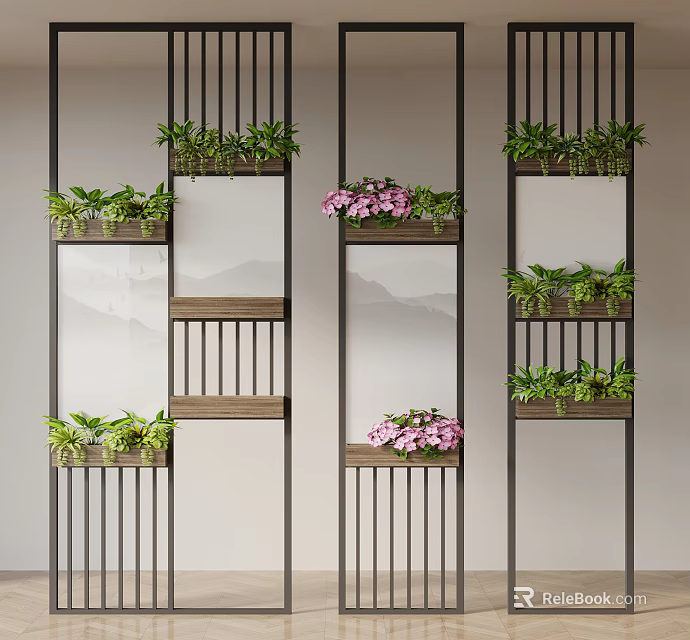 Decorative Room Divider With Metal Frames Green Plants Pink Flowers And Wooden Shelves 3d model 