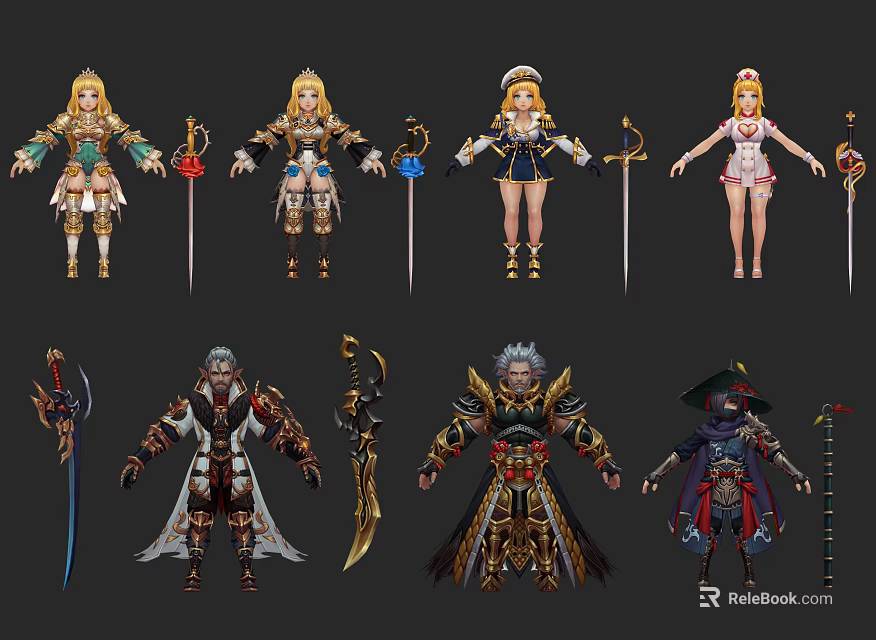 Game Characters With Diverse Costumes And Weapons In Fantasy Design 3d model 