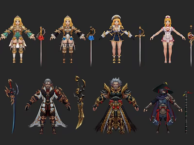 Game Characters With Diverse Costumes And Weapons In Fantasy Design 3d model